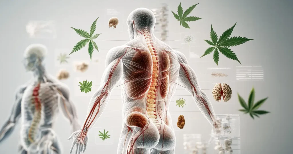 Ilustração mostrando diferentes partes do corpo humano destacadas para representar tipos de dor tratáveis com cannabis