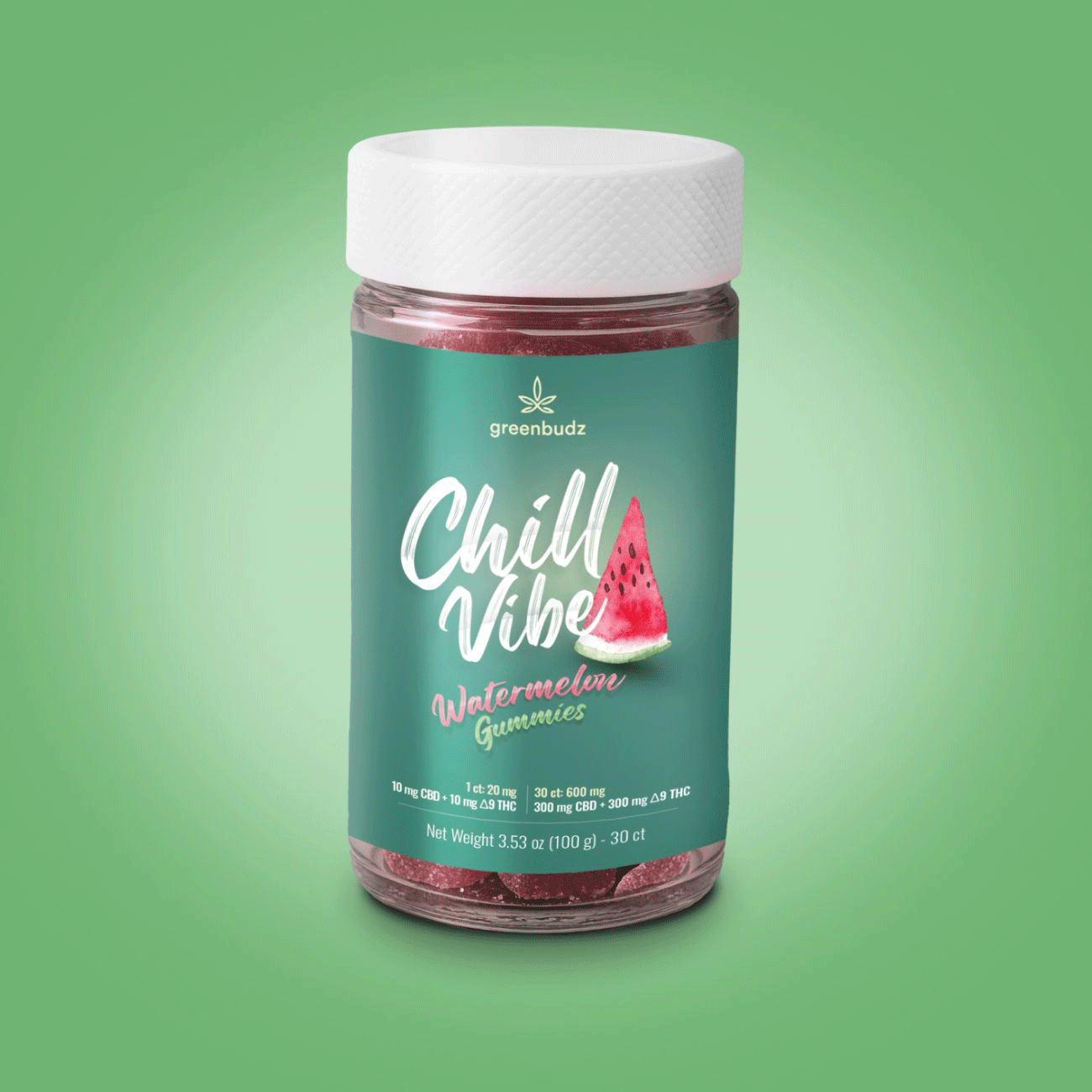 GreenBudz Chill Vibe Watermelon Gummies - 10mg:10mg CBD:THC D9 - 30 count